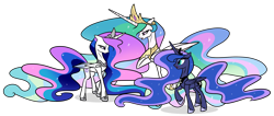 Size: 1920x816 | Tagged: safe, artist:helenosprime, derpibooru import, princess celestia, princess luna, oc, oc:etheria, alicorn, pony, female, mare, siblings, simple background, sisters, transparent background