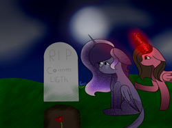 Size: 2668x2000 | Tagged: safe, artist:thecommandermiky, derpibooru import, oc, alicorn, crying, grave, gravestone, night, sad