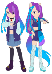 Size: 1162x1633 | Tagged: safe, artist:fantasygerard2000, derpibooru import, oc, oc:magus eveningstar, human, siren, equestria girls, rainbow rocks, alternate universe, boots, braid, clothes, dazzling, dress, hair accessory, jacket, jewelry, long socks, microphone, outfit, pendant, ponied up, shoes, simple background, skirt, transparent background