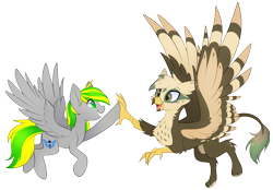 Size: 2623x1830 | Tagged: safe, artist:scarlet-spectrum, derpibooru import, oc, oc only, oc:dillinger, oc:silver blaze, griffon, pegasus, pony, griffon oc, high five, pegasus oc, simple background, transparent background, wings