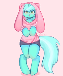 Size: 800x960 | Tagged: safe, artist:valeria_fills, derpibooru import, lyra heartstrings, pony, semi-anthro, unicorn, blushing, bunny ears, clothes, costume, digital art, female, hoodie, hooves, horn, kigurumi, looking at you, mare, open mouth, simple background, solo, standing, tail