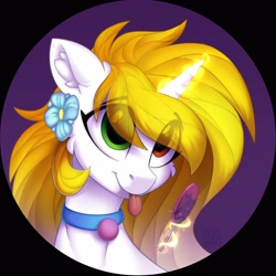 Size: 3500x3500 | Tagged: safe, artist:airfly-pony, derpibooru import, oc, oc only, alicorn, pony, alicorn oc, bust, candy, eye clipping through hair, eyebrows visible through hair, female, flower, food, glowing horn, heterochromia, horn, lollipop, magic, magic aura, mare, portrait, smiling, telekinesis, tongue out