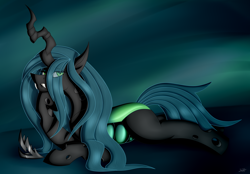 Size: 3484x2423 | Tagged: safe, artist:thebenalpha, derpibooru import, queen chrysalis, changeling, changeling queen, crown, female, horn, simple background, solo