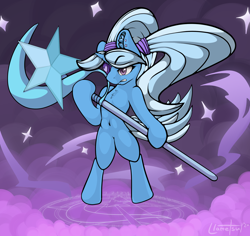 Size: 2404x2269 | Tagged: safe, artist:llametsul, derpibooru import, trixie, pony, unicorn, alternate hairstyle, babysitter trixie, belly button, chest fluff, determined, ear fluff, eyepatch, female, floating, high res, magic, mare, pigtails, runes, signature, smoke, solo, sparkles, spell, staff, twintails