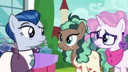 Size: 1920x1080 | Tagged: safe, derpibooru import, screencap, ever essence, minty mocha, raspberry latte, earth pony, pony, the parent map, female, glasses, looking at each other, mare, sire's hollow