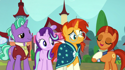 Size: 1920x1080 | Tagged: safe, derpibooru import, screencap, firelight, starlight glimmer, stellar flare, sunburst, pony, unicorn, the parent map, blaze (coat marking), clothes, coat markings, father and child, father and daughter, female, jewelry, male, mare, mother and child, mother and son, necklace, necktie, parent and child, sire's hollow, socks (coat marking), stallion, sunburst's robe