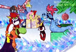 Size: 1280x881 | Tagged: safe, artist:simsvaleria, derpibooru import, fluttershy, pegasus, pony, bill cipher, bow, christmas, commander peepers, crossover, gravity falls, holiday, lord hater, new year, sylvia, wander (wander over yonder), wander over yonder