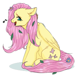 Size: 1000x1000 | Tagged: safe, artist:katedoe, derpibooru import, fluttershy, pegasus, pony, cute, elbow fluff, female, floppy ears, flower, flower in hair, flower in tail, folded wings, hoof fluff, leaves in hair, looking at you, looking sideways, mare, music notes, open mouth, profile, shyabetes, simple background, singing, sitting, smiling, solo, transparent background, wings