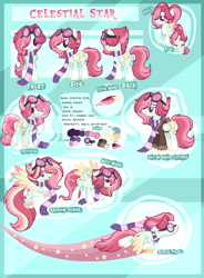 Size: 3160x4290 | Tagged: safe, artist:amgiwolf, artist:caecii, artist:pegasski, artist:sugaryicecreammlp, derpibooru import, oc, oc only, oc:celestial star, crystal pony, pegasus, pony, baby, baby pony, base used, bomber jacket, clothes, colored wings, crystallized, eye clipping through hair, female, filly, flight trail, flying, goggles, jacket, mare, multicolored wings, reference sheet, scarf, smiling, solo, two toned wings, wings
