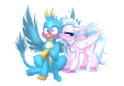 Size: 4344x3000 | Tagged: safe, artist:confetticakez, derpibooru import, gallus, silverstream, griffon, hippogriff, blushing, chest fluff, cute, diastreamies, eyes closed, female, gallabetes, gallstream, interspecies, kiss on the cheek, kissing, male, shipping, simple background, spread wings, straight, surprise kiss, tail boner, white background, wingboner, wings