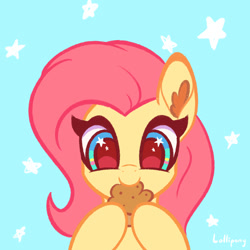 Size: 1000x1000 | Tagged: safe, artist:lollipony, derpibooru import, fluttershy, pegasus, pony, blue background, bust, cute, ear fluff, eating, female, food, mare, muffin, nom, portrait, shyabetes, simple background, solo, starry eyes, stars, wingding eyes