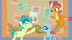 Size: 1366x768 | Tagged: safe, derpibooru import, screencap, ocellus, sandbar, smolder, changedling, changeling, dragon, earth pony, pony, she's all yak, dragoness, female, male