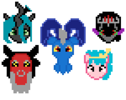 Size: 1500x1200 | Tagged: safe, artist:dreamvirusomega, derpibooru import, cozy glow, grogar, king sombra, lord tirek, queen chrysalis, centaur, changeling, changeling queen, pony, league of villainy, legion of doom, pixel art, pixel pony