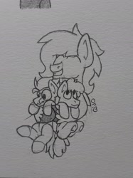 Size: 2048x2731 | Tagged: safe, artist:drheartdoodles, derpibooru import, oc, oc only, oc:dr.heart, oc:floofy, oc:vince, earth pony, pegasus, pony, clydesdale, hug, size difference, smiling, traditional art