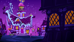 Size: 1280x720 | Tagged: safe, derpibooru import, screencap, rock solid friendship, background, night, no pony, ponyville, scenic ponyville, sugarcube corner