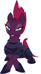 Size: 1813x3205 | Tagged: safe, artist:bubucoy, derpibooru import, tempest shadow, pony, unicorn, armor, bedroom eyes, broken horn, eye scar, female, hoof shoes, horn, lying down, mare, prone, scar, simple background, solo, transparent background