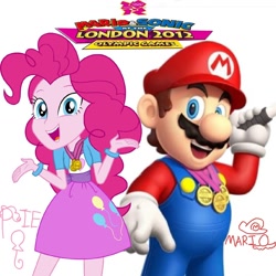 Size: 1080x1080 | Tagged: safe, artist:eddazzling81, artist:sugar-loop, derpibooru import, pinkie pie, human, equestria girls, crossover, female, gold medal, london 2012, male, mario, mario & sonic, mario & sonic at the london 2012 olympic games, mario & sonic at the olympic games, mario and sonic, mario and sonic at the olympic games, mariopie, metal, nintendo, olympics, super mario bros.