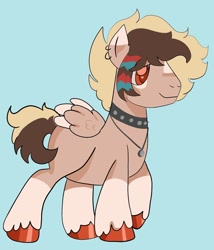 Size: 1080x1262 | Tagged: safe, artist:dellieses, derpibooru import, oc, oc only, pegasus, pony, base used, blue background, choker, colored hooves, ear piercing, earring, jewelry, male, necklace, pegasus oc, piercing, simple background, solo, spiked choker, stallion, two toned wings, wings