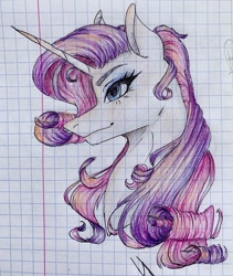 Size: 1080x1277 | Tagged: safe, artist:moona_lou, derpibooru import, rarity, pony, unicorn, bust, eyelashes, female, graph paper, makeup, mare, smiling, solo, traditional art