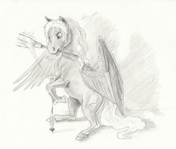 Size: 1024x869 | Tagged: safe, artist:lady-limule, derpibooru import, oc, oc only, oc:slate, pegasus, pony, mouth hold, pegasus oc, rearing, solo, traditional art, wings