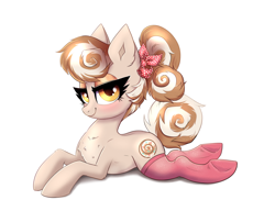 Size: 3400x2750 | Tagged: safe, artist:confetticakez, derpibooru import, oc, oc only, oc:cinnamon spangled, earth pony, pony, bandana, blushing, chest fluff, clothes, eyelashes, eyeshadow, female, lidded eyes, looking at you, lying down, makeup, mare, ponytail, prone, side view, simple background, smiling, smiling at you, socks, solo, stockings, thigh highs, white background