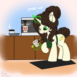 Size: 2000x2000 | Tagged: safe, artist:aurorafang, derpibooru import, part of a set, oc, oc:vanilla drops, unicorn, coffee cup, coffee machine, cup, cutie mark, female, mare