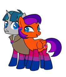 Size: 1200x1417 | Tagged: safe, artist:icey-wicey-1517, artist:kb-gamerartist, color edit, derpibooru import, edit, stygian, oc, oc:jade the pegasus, pegasus, pony, unicorn, collaboration, bisexual pride flag, canon x oc, cloak, clothes, colored, ear piercing, earring, female, heart, jewelry, male, mare, open mouth, piercing, pride, pride flag, shipping, simple background, socks, stallion, straight, striped socks, transparent background