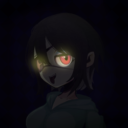 Size: 600x600 | Tagged: safe, artist:isaac_pony, derpibooru import, oc, oc:rouse black, human, undead, vampire, doom equestria, anime, clothes, dark, eyepatch, female, humanized, light, looking at you, shirt, solo, tongue out, website