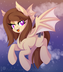 Size: 2066x2353 | Tagged: safe, artist:pearlyiridescence, derpibooru import, oc, oc only, oc:midnight cakepowder, bat pony, pony, bat pony oc, cloud, dusk, ear fluff, fangs, female, flying, looking at you, mare, open mouth, open smile, smiling, smiling at you, solo, spread wings, stars, wings