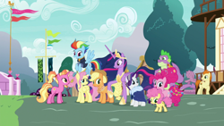 Size: 1920x1080 | Tagged: safe, derpibooru import, screencap, applejack, fluttershy, gallop j. fry, li'l cheese, luster dawn, pinkie pie, princess twilight 2.0, rainbow dash, rarity, spike, twilight sparkle, twilight sparkle (alicorn), alicorn, dragon, earth pony, pegasus, pony, unicorn, the last problem, mane six, older, older spike, winged spike