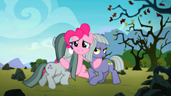 Size: 1920x1080 | Tagged: safe, screencap, limestone pie, marble pie, pinkie pie, earth pony, pony, the maud couple, female, mare, rock farm, siblings, sisters, tree