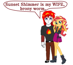 Size: 1800x1600 | Tagged: safe, artist:israelyabuki, sunset shimmer, oc, oc:eternal flames, human, better together, equestria girls, spoiler:eqg specials, boots, canon x oc, clothes, cringe, dialogue, female, green eyes, jacket, male, muscles, red hair, shipping, simple background, sunseternal, super saiyan ronald mcdonald