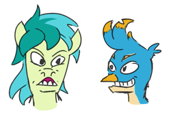Size: 585x402 | Tagged: safe, artist:jargon scott, gallus, sandbar, earth pony, griffon, pony, beavis and butthead, bust, colt, duo, male, simple background, white background