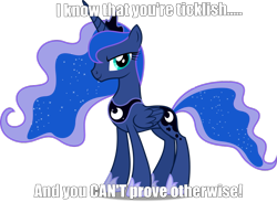 Size: 1045x765 | Tagged: safe, artist:dashiesparkle, derpibooru import, edit, princess luna, alicorn, pony, caption, imminent tickles, implied tickling, looking at you, meme, simple background, smiling, smirk, solo, this will end in tickles, tickling, transparent background