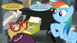 Size: 1280x720 | Tagged: safe, derpibooru import, edit, edited screencap, screencap, daring do, rainbow dash, pegasus, pony, daring don't, book, clothes, dress, glasses, hamlet, hat, paper, pun, shakespeare, thought bubble, typewriter