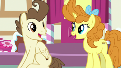 Size: 1920x1080 | Tagged: safe, derpibooru import, screencap, pound cake, pumpkin cake, pegasus, unicorn, the last problem, adult, cake twins, duo, female, looking at each other, male, mare, older, older pound cake, older pumpkin cake, siblings, stallion, twins