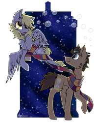 Size: 1100x1400 | Tagged: safe, artist:pegacousinceles, derpibooru import, derpy hooves, doctor whooves, earth pony, pegasus, pony, bubble, bubble blower, derp, doctor who, duo, female, flying, fourth doctor's scarf, male, mare, signature, simple background, smiling, sonic screwdriver, stallion, tardis, the doctor, transparent background