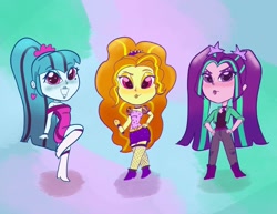 Size: 1280x990 | Tagged: safe, artist:pettypop, derpibooru import, adagio dazzle, aria blaze, sonata dusk, equestria girls, adoragio, ariabetes, blushing, boots, chibi, choker, clothes, cute, dazzlebetes, ear piercing, earring, eyeshadow, fishnets, hand on hip, jacket, jeans, jewelry, knee-high boots, lipstick, makeup, microphone, pants, piercing, shoes, shorts, sonatabetes, the dazzlings