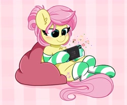 Size: 4096x3372 | Tagged: safe, artist:kittyrosie, derpibooru import, fluttershy, pegasus, pony, alternate hairstyle, blushing, chest fluff, clothes, cute, ear fluff, female, gamershy, hair bun, high res, isabelle (animal crossing), mare, nintendo switch, playing, shyabetes, sitting, socks, striped socks