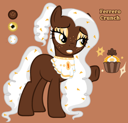 Size: 1516x1459 | Tagged: safe, artist:pegasski, artist:sir-psych0-s3xy, derpibooru import, oc, oc only, oc:ferrero crunch, earth pony, pony, base used, brown background, eyeshadow, female, freckles, lipstick, makeup, mare, offspring, parent:cheese sandwich, parent:pinkie pie, parents:cheesepie, simple background, solo