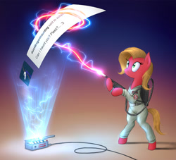 Size: 1100x1000 | Tagged: safe, artist:magfen, derpibooru import, oc, oc:pun, pony, ask, ask pun, bipedal, clothes, ghost trap, ghostbusters, jumpsuit, proton pack, solo, trap (device)