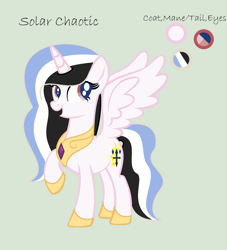 Size: 1536x1692 | Tagged: safe, artist:lominicinfinity, derpibooru import, oc, oc:solar chaotic, alicorn, hybrid, pony, female, interspecies offspring, mare, offspring, parent:discord, parent:princess celestia, parents:dislestia, simple background, solo