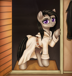 Size: 4000x4200 | Tagged: safe, artist:eltaile, derpibooru import, octavia melody, earth pony, pony, absurd resolution, belt, clothes, coat, door, female, indoors, jacket, looking at you, raincoat, solo, wet, wet mane