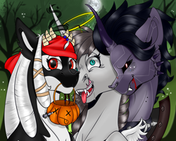 Size: 6890x5512 | Tagged: safe, derpibooru import, oc, angel, original species, pony, undead, unicorn, vampire, vampony, angry, artist creed larsen, clothes, costume, cute, fangs, forest, halloween, halloween costume, holiday, madorable, moon, pirate, pumpkin bucket