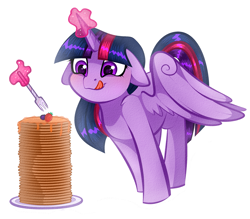 Size: 2881x2519 | Tagged: safe, artist:vetta, derpibooru import, twilight sparkle, twilight sparkle (alicorn), alicorn, pony, berry, cute, daaaaaaaaaaaw, female, floppy ears, food, fork, high res, levitation, licking, licking lips, magic, mare, pancakes, simple background, solo, telekinesis, tongue out, twiabetes, white background, wings