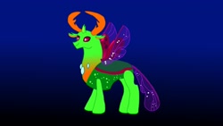 Size: 4320x2432 | Tagged: safe, artist:the double u, derpibooru import, thorax, changedling, changeling, gradient background, horns, king, king thorax, male, neon, solo, sparkles, spread wings, the six knights of the night, transparent wings, wings