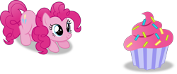 Size: 6775x2842 | Tagged: safe, artist:anime-equestria, derpibooru import, pinkie pie, earth pony, pony, cake, crouching, cupcake, cute, diapinkes, female, food, happy, mare, simple background, smiling, solo, sprinkles, transparent background, vector