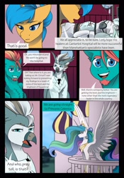 Size: 1600x2291 | Tagged: safe, artist:tillie-tmb, derpibooru import, princess celestia, oc, oc:cirrus sky, oc:doctor epsilon saltz, oc:moonlight sigil, oc:nurse merry rhymes, alicorn, hippogriff, pegasus, pony, unicorn, comic:the amulet of shades, canterlot castle, determined look, skeptical