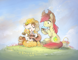 Size: 1530x1180 | Tagged: safe, artist:nendo, derpibooru import, bright mac, pear butter, earth pony, pony, the perfect pear, acoustic guitar, basket, blanket, brightbutter, cloud, cowboy hat, eyes closed, female, flower, flower in hair, grass, guitar, harmonica, hat, male, mare, musical instrument, open mouth, picnic, picnic basket, picnic blanket, shipping, singing, sitting, stallion, straight
