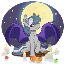 Size: 2200x2200 | Tagged: safe, artist:liquorice_sweet, derpibooru import, oc, oc only, oc:summer memory, bat pony, apple, candle, chest fluff, food, halloween, holiday, mango, moon, night, simple background, solo, stars, transparent background